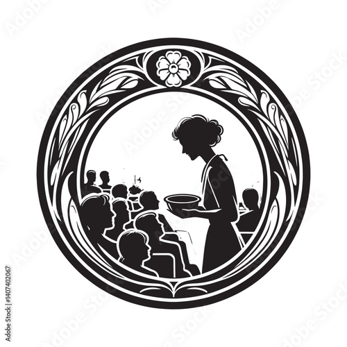 Silhouette art of a woman serving a congregation in a decorative frame