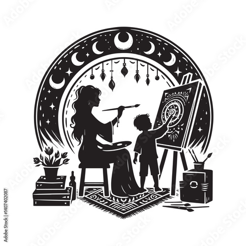 Silhouette artwork depicting a mother and child creating art together happily