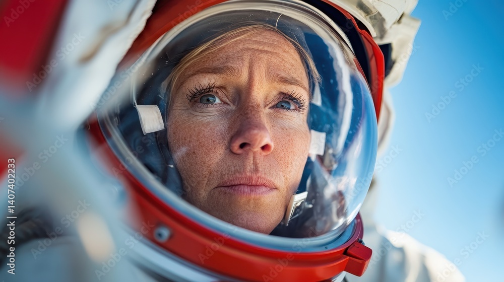 An intense close-up of a focused female astronaut wearing an advanced spacesuit, portraying strength and determination against a backdrop of a bright blue sky. An intense close-up of a focused female astronaut wearing an advanced spacesuit, portraying strength and determination against a backdrop of a bright blue sky.