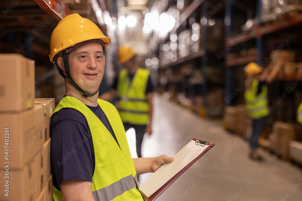 Warehouse worker with down syndrome holding clipboard and smiling Warehouse worker with down syndrome holding clipboard and smiling