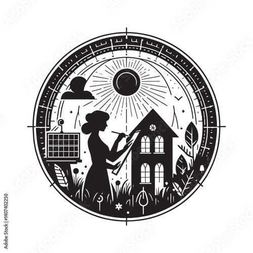 Silhouette depiction of a woman architectural designer crafting a house design