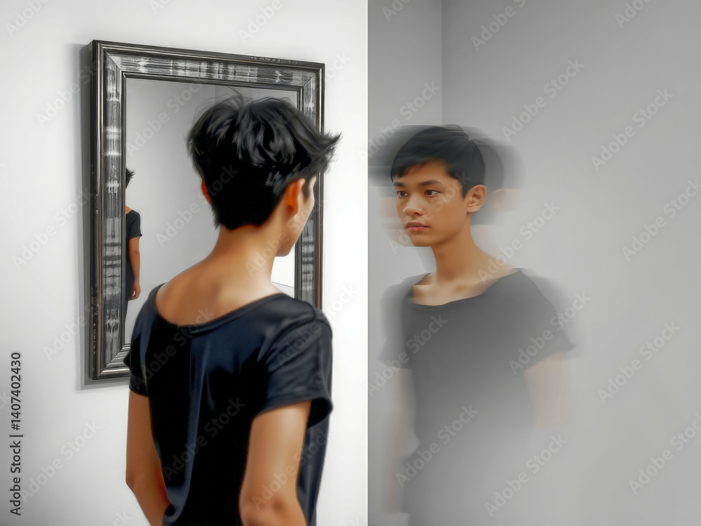A man is standing in front of a mirror, and his reflection is blurry. Concept of movement and energy, as if the man is in motion or about to take a step