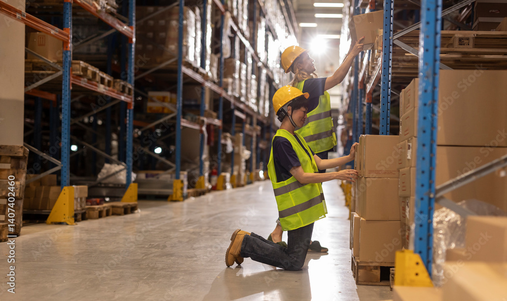 Warehouse workers checking inventory and stock levels Warehouse workers checking inventory and stock levels