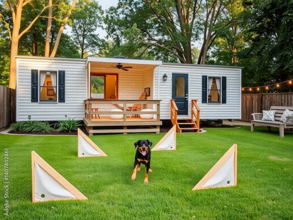 A dog is playing in a yard with a white house in the background. The yard is filled with various objects such as chairs, a bench, and a couple of umbrellas