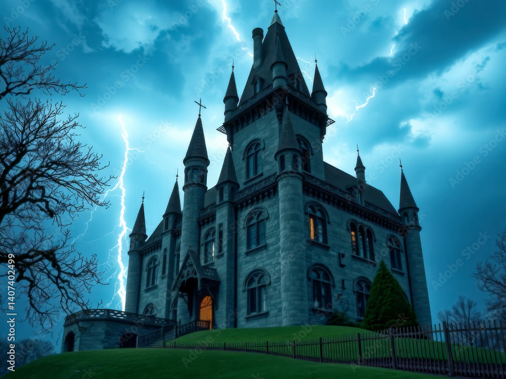 A castle with a lightning bolt in the sky. The castle is surrounded by a lush green lawn and a fence. Scene is eerie and mysterious
