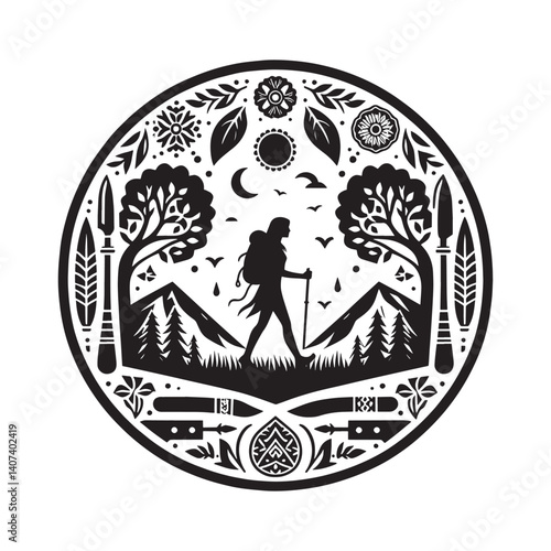 Silhouette hiking adventure, depicting nature and mountain exploration