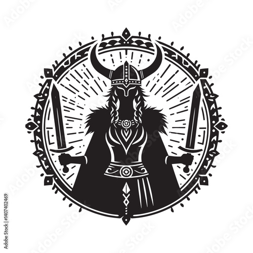 Silhouette illustration of a valiant woman warrior in intricate Viking attire