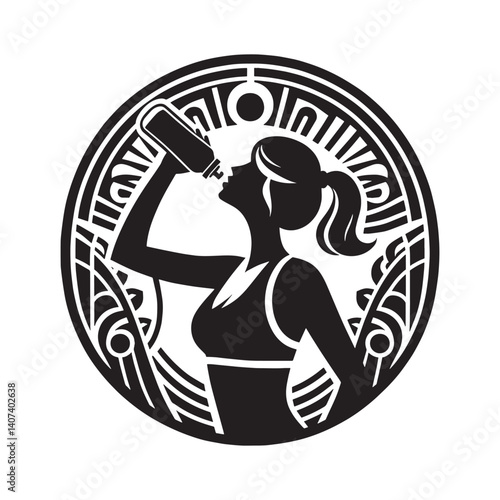 Silhouette illustration of a woman drinking water postworkout in art nouveau style