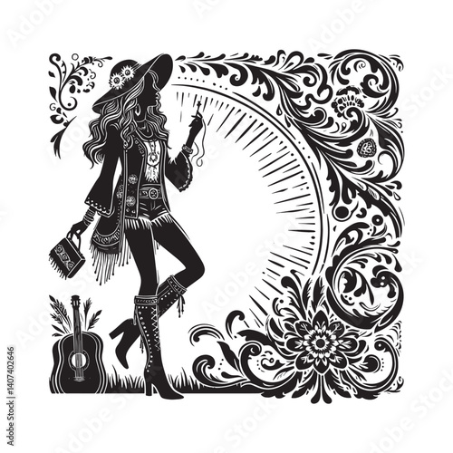 Silhouette illustration of a woman in boho chic style surrounded by floral patterns