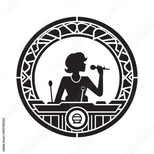 Silhouette illustration of a woman giving a speech in a formal setting