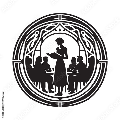 Silhouette illustration of a woman leading a discussion group in a home setting