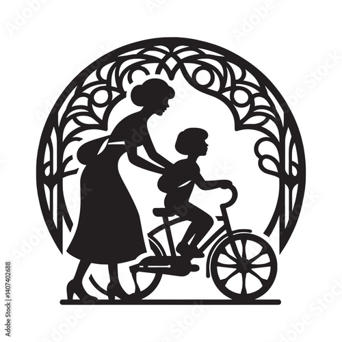 Silhouette illustration of mother teaching her child to ride a bicycle