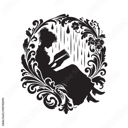 Silhouette illustration of woman reading a book during a rainy day inside floral frame