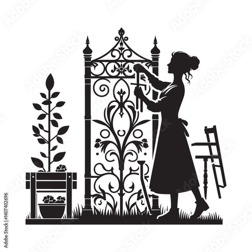 Silhouette illustration of woman constructing a garden trellis project