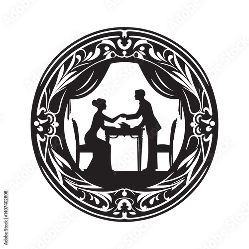 Silhouette of a couple exchanging vows in an ornate oval frame design