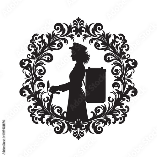 Silhouette of a delivery woman encircled by an elegant Victorian flourish design