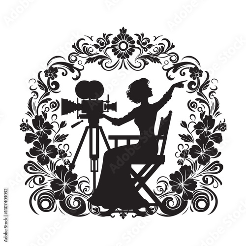 Silhouette of a female director on a film set with floral ornaments