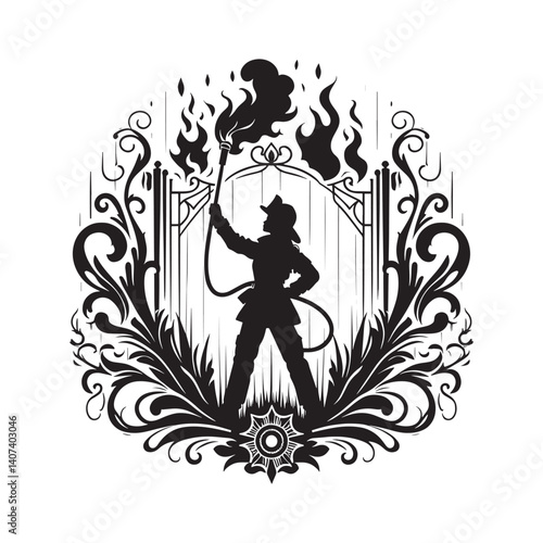 Silhouette of a female firefighter heroically confronting a raging fire emblem
