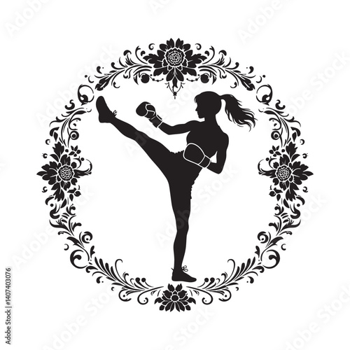 Silhouette of a female kickboxer in ornamental flourish circle concept