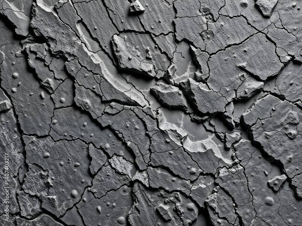 Cracked dry surface of gray rock, high detail geological texture isolated on white background. Generative AI