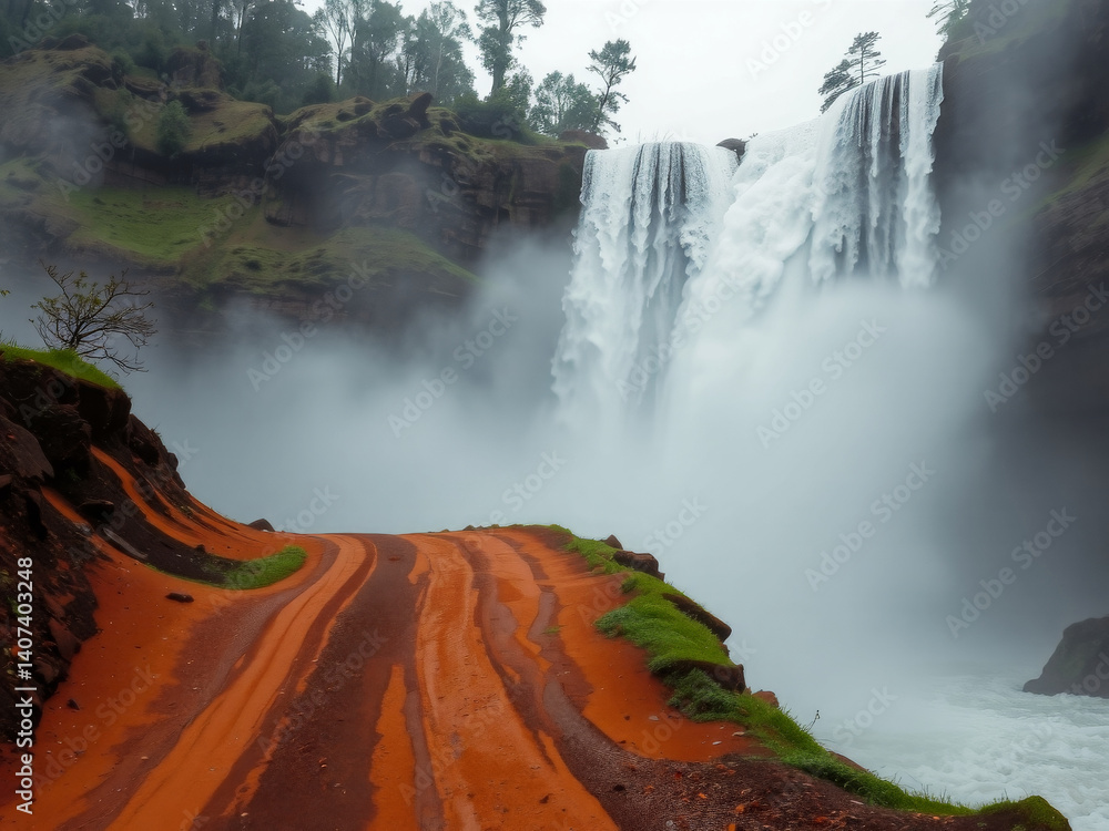 A road with a waterfall in the background. The waterfall is very large and the road is muddy