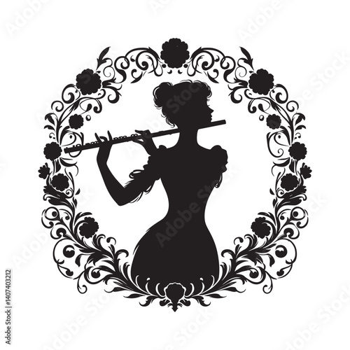 Silhouette of a graceful woman playing flute surrounded by floral embellishments