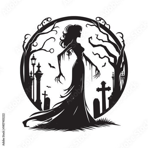 Silhouette of a ghostly figure in graveyard under a spooky full moon