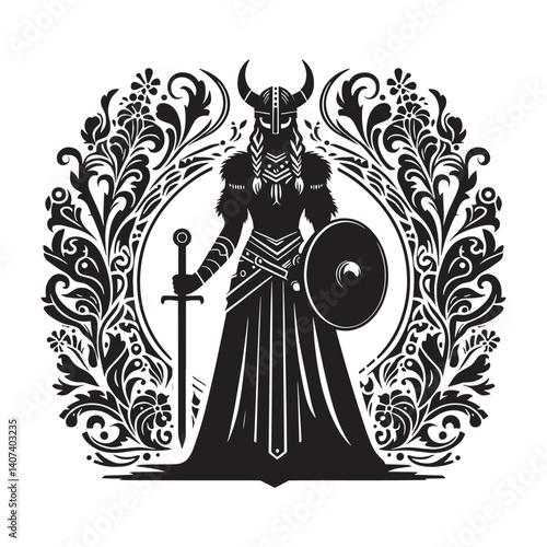 Silhouette of a formidable woman warrior in authentic Viking attire