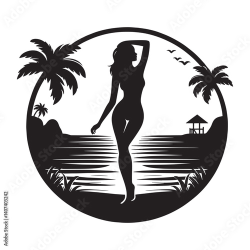 Silhouette of a graceful woman posing on a tropical beach at sundown
