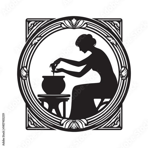 Silhouette of a graceful woman potter shaping clay on a wheel art nouveau frame