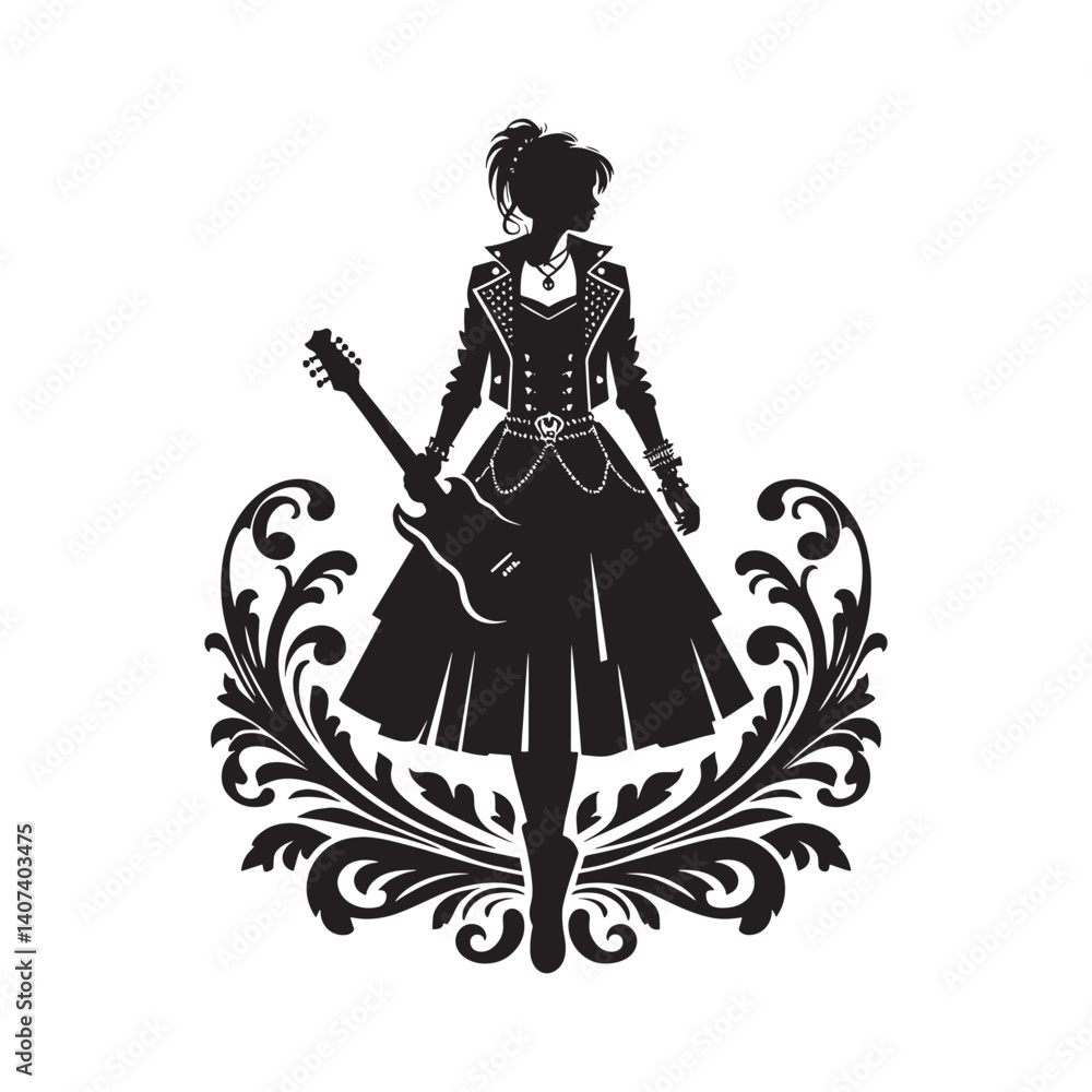 Fototapeta premium Silhouette of a rocker girl holding a guitar in punk style with floral ornaments