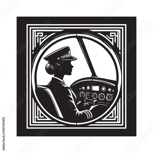 Silhouette of a pioneering woman aviator in cockpit, ready for flight adventure