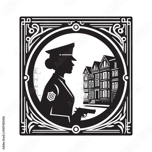 Silhouette of a police officer patrolling in a neighborhood with old buildings