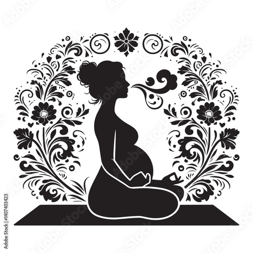Silhouette of a pregnant woman doing prenatal yoga with floral frame around her