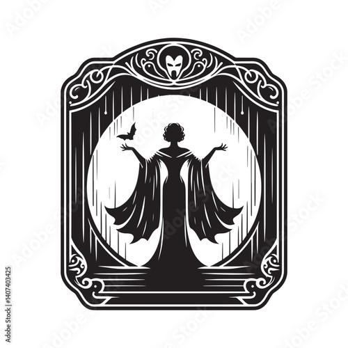 Silhouette of a mystical woman on stage with bat in an ornate frame