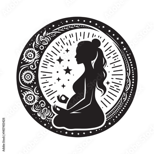 Silhouette of a pregnant woman practicing prenatal yoga in cosmic moon circle