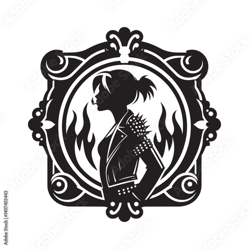 Silhouette of a punk rock woman in a decorative frame exudes rebellion