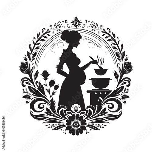 Silhouette of a pregnant woman preparing a nutritious meal with care in a decorative frame