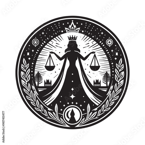 Silhouette of a regal queen holding scales symbolizing balance and justice