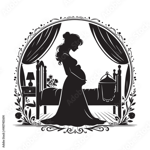 Silhouette of a serene expectant mother cradling her belly in nursery room