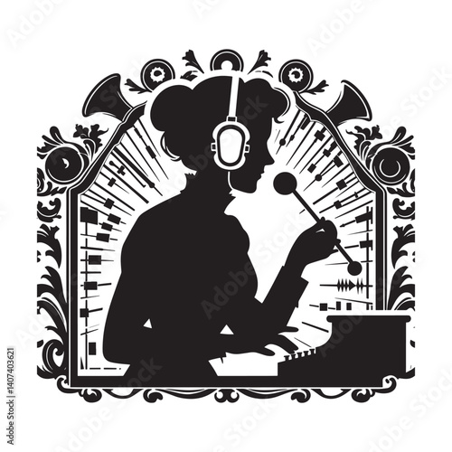 Silhouette of a sound designer creating audio magic with victorian flourishes