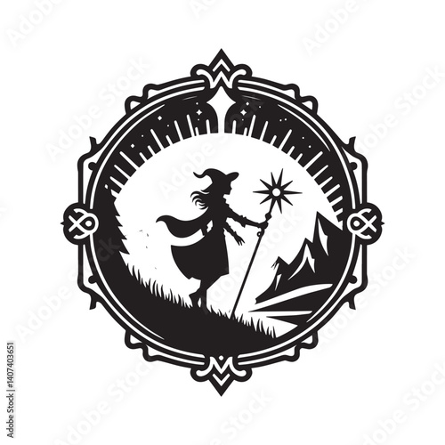Silhouette of a sorceress in a whimsical border with celestial design elements