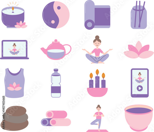 Yoga illustration set. Includes of meditation, wellness, balance, mindfulness, and More. Vector flat color collection