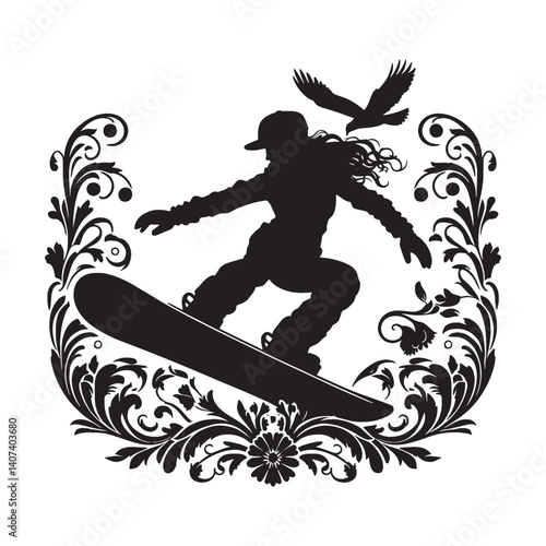 Silhouette of a snowboarder framed by victorian floral flourishes design