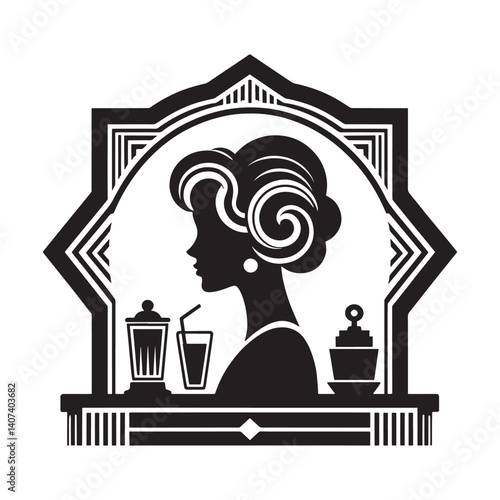 Silhouette of a stylish lady enjoying a refreshment at a vintage soda fountain