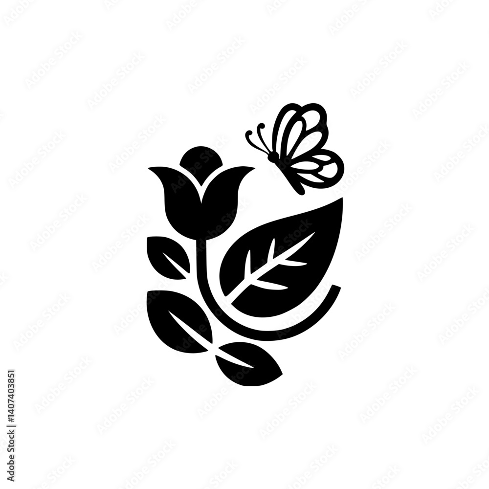 Fototapeta premium Black and White Floral Butterfly Logo, Minimalist Vector Illustration
