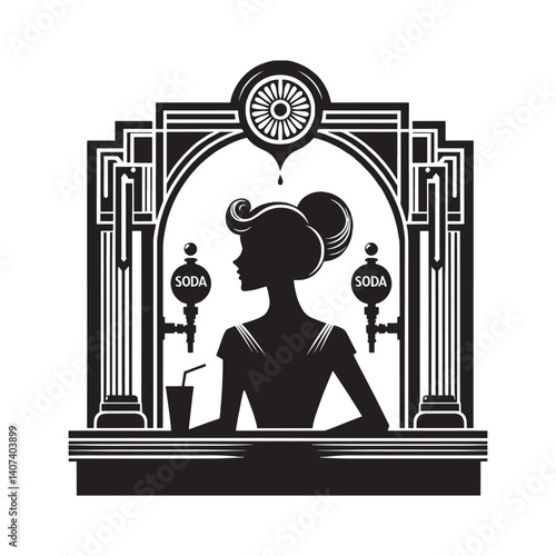 Silhouette of a vintage lady with a bouffant hairdo at soda fountain