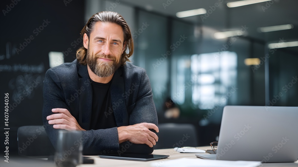 Confident Professional in Meeting: A distinguished man with a beard sits at the forefront of a boardroom, a calm ambiance, radiating confidence and professionalism. Confident Professional in Meeting: A distinguished man with a beard sits at the forefront of a boardroom, a calm ambiance, radiating confidence and professionalism.