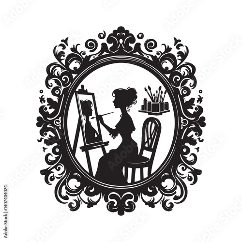 Silhouette of a woman artist creating a selfportrait within an ornate frame