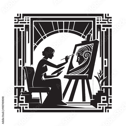 Silhouette of a woman artist creating art in the studio with geometric frame